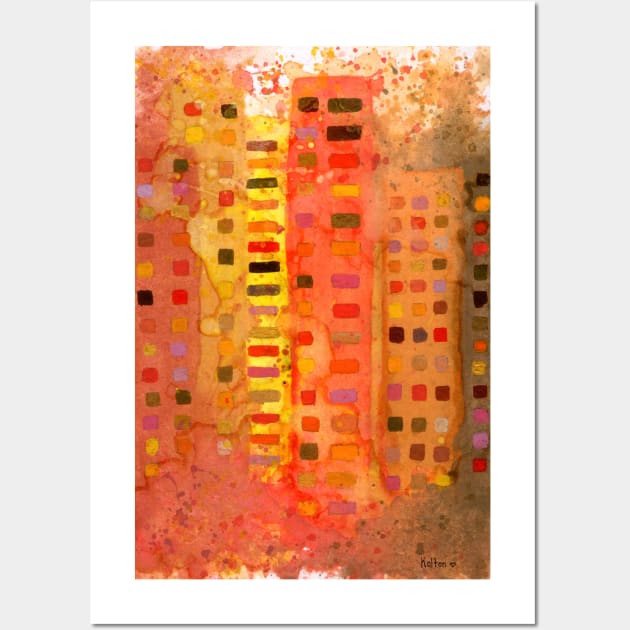 Brown Orange Yellow City - watercolor splashes and acrylic details, painting Wall Art by natashakolton